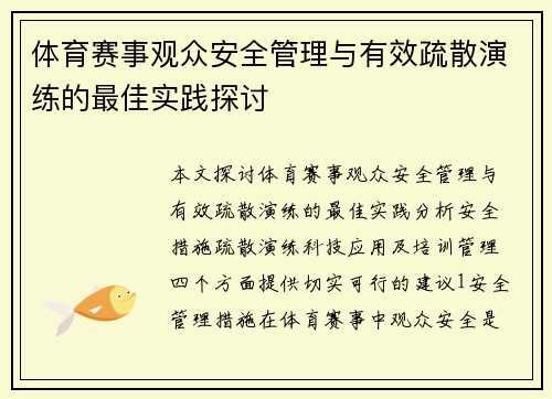 体育赛事观众安全管理与有效疏散演练的最佳实践探讨